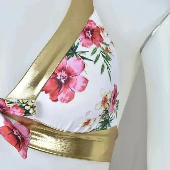 Vintage Y2K Guess Halter Bikini Top  Gold White Pink Floral Size Small - Picture 4 of 7